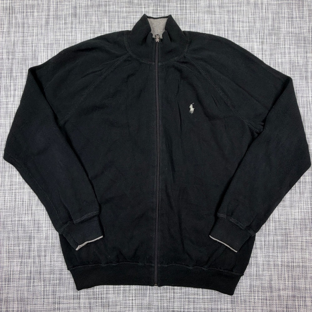 Polo Ralph Lauren Mens Sweatshirt L Black Full Zip Mock Neck Cotton Pony Logo